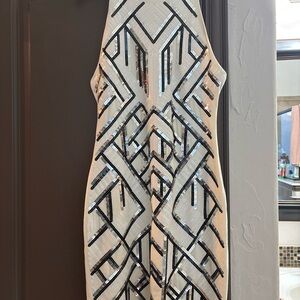 Express XS White Black Sequin Geometric Bodycon Cocktail Dress Art Deco
